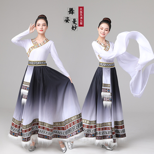 藏族舞蹈演出服舞台表演服民族风藏族舞半身裙水袖练习大摆裙