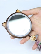 黑胡桃木猫咪发光LED化妆镜小镜子随身镜梳妆镜木质便携女生礼物