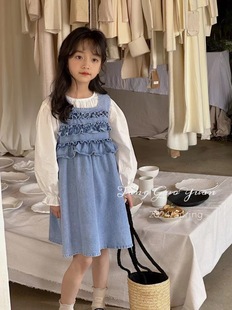 韩版女童装儿童春季甜美长袖衬衫，牛仔公主背心，连衣裙子2件套装
