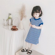 女童连衣裙2024年夏季童装女宝宝蓝，条纹无袖t恤裙长裙一步裙