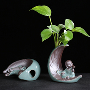 创意小和尚花器家居装饰品摆件茶桌绿萝花插花瓶陶瓷水培花盆容器