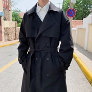 韩风chic黑色风衣外套男秋季中长款翻领，双排扣英伦风时尚帅气大衣