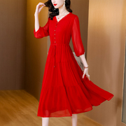 真丝连衣裙女2024年春夏显瘦气质，款淑女红色垂感大气桑蚕丝裙
