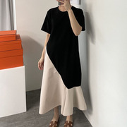 韩国chic夏季法式优雅圆领荷叶边拼色设计宽松中长款短袖连衣裙女
