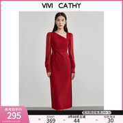 VIVICATHY2023大码女装冬斜领侧开衩连衣裙微胖MM遮胯长裙