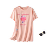 粉色短袖t恤女夏季时尚，印花不规则，小众设计大码显瘦宽松上衣