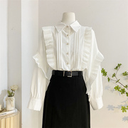 风琴压褶荷叶边衬衫，女秋季设计感甜美减龄气质雪纺长袖小衫上衣白