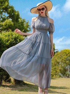帝弗润驰2023夏法式(夏法式)灰色露肩雪纺，连衣裙女气质修身高级感长裙