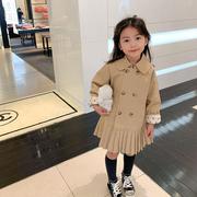 韩国童装小女孩纯棉中长款洋气风衣2023春秋装女童百褶裙外套