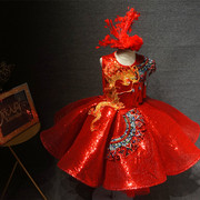 儿童礼服短款红色蓬蓬裙女童新年中国风龙春晚主持走秀表演演出服