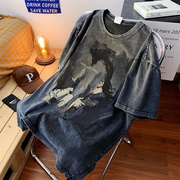 原创美式复古水洗做旧重磅t恤男暗黑欧美高街短袖古着vintage上衣