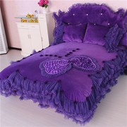 速发珊瑚绒四件套韩式蕾丝紫色花边公主床品1.8m短毛绒四件套床裙