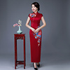 婚礼高端刺绣酒红色中国风长袖旗袍妈妈喜婆婆婚宴礼服连衣裙