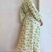 清新灯笼绿色印花甜美 长裙袖腰带收腰 外贸秋季长款连衣裙