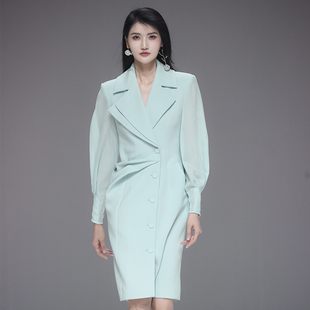 maggiema马婧设计师连衣裙，醋酸网纱袖冷却绿洲，色收腰西装包臀裙