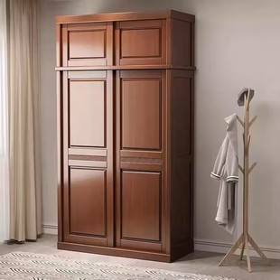 中式实木衣柜两门推拉衣柜1.2米移门3门卧室原木带镜子家用小衣橱