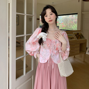 2024韩版女装油画感系带一字，领雪纺上衣，+百搭半身裙两件套装