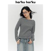 Haiku “Per chi” 黑白条纹长袖T恤女春羊毛混纺一字领上衣