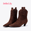 BellaLily2024尖头细跟短靴女复古西部牛仔靴高跟气质瘦瘦靴