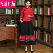中式唐装女改良汉服旗袍上衣中国风复古绣花棉麻茶服半身裙两件套