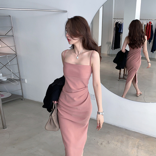 achi大也池粉色吊带连衣裙长短，款收腰长裙子气质高级性感包臀短裙