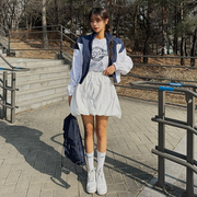 韩国女装lag2024春季纯色，时尚抽绳松紧高腰百搭半身灯笼短裙