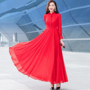 秋季红色雪纺长袖连衣裙女2023显瘦减龄时尚，过膝复古长款裙子