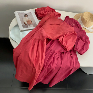 韩版玫红色短袖方领连衣裙宽松套头百搭长裙时尚休闲洋气D$1