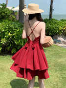 赫本风复古荷叶边红裙收腰露背沙滩度假裙V领显瘦红色吊带连衣裙