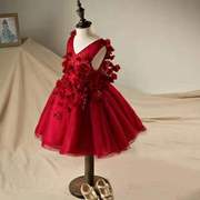 2021夏季公主裙女童礼服红色，晚礼服婚纱裙儿童蓬蓬裙钢琴演出礼服