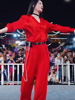 唐艺同款红色套装2023年红色气质衬衫女时尚宽松休闲阔腿裤