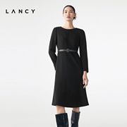 LANCY/朗姿羊毛冬季黑色连衣裙法式收腰显瘦圆领高级感裙子女