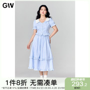 GW大码女装条纹泡泡袖套装连衣裙2024夏季微胖mm洋气两件套女