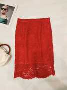  新中式红妆半身裙蕾丝正红色一步裙打底裙高腰包臀中裙