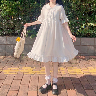 温柔连衣裙日系软妹甜美娃娃，领雪纺短袖，白色中长款子女夏