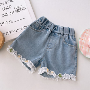 女童牛仔短裤夏季韩版宝宝雪纺，花边小花热裤洋气，儿童裤子外穿薄款