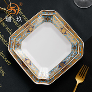 轻奢八角盘骨瓷7英寸8英寸方形盘菜盘浮雕餐具盘子碟子餐盘异形盘