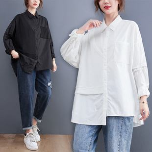 长袖衬衫女设计感2023年秋冬韩版大码，不对称拼接显瘦宽松衬衣