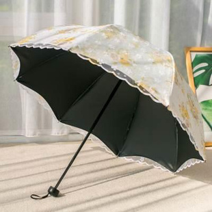 深拱形太阳伞防晒防紫外线，双层蕾丝小清新黑胶折叠晴雨两用遮阳伞