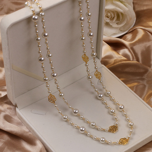 韩国气质高级感长款珍珠项链女时尚，小香风多层镂空玫瑰花毛衣链潮