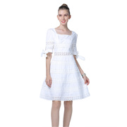 澳洲小众方领蕾丝连衣裙参加婚礼，白色五分袖，镂空纯棉高端法式茶歇