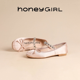 honeygirl法式水钻蝴蝶结单鞋，2024春夏款，平底玛丽珍浅口芭蕾鞋女