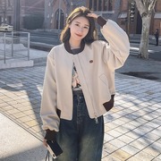 棒球服外套女春秋季2023韩版宽松小个子，短款休闲撞色夹克上衣