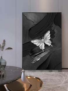 现代简约玄关装饰画高级感轻奢，黑白蝴蝶石英砂抽象画客厅沙发挂画