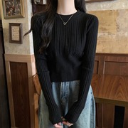 法式圆领黑色长袖毛衣衫女秋冬高级设计感纯欲针织打底衫欧货上衣