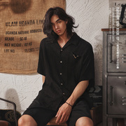 日系复古巴领高级感肌理黑色短袖衬衫男夏季休闲宽松半袖外套衬衣