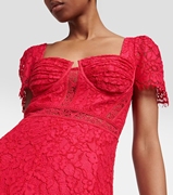 名媛优雅系列，玫红色方领收腰蕾丝连衣裙，可做小礼裙