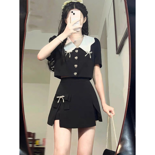 黑色娃娃领衬衫包臀短裙2023年小香风两件套装女夏季