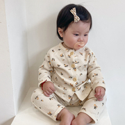婴儿秋装衣服ins韩国宝宝家居服网红长袖华夫格上衣裤子两件套装