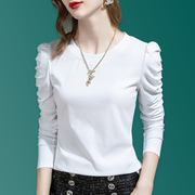 泡泡袖长袖t恤女春季2023白色纯棉体恤褶皱设计感修身打底衫